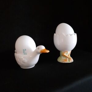 (2) Antique Knobler EGG Cups Holders Japan Porcelain & Ceramic Cracked Egg Legs